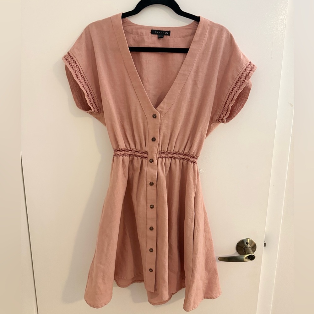 Rusty Rose Blush Button-Front V-Neck Mini Dress